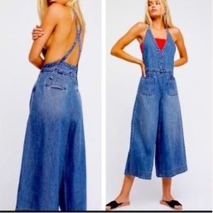 Free people wide leg cropped overalls